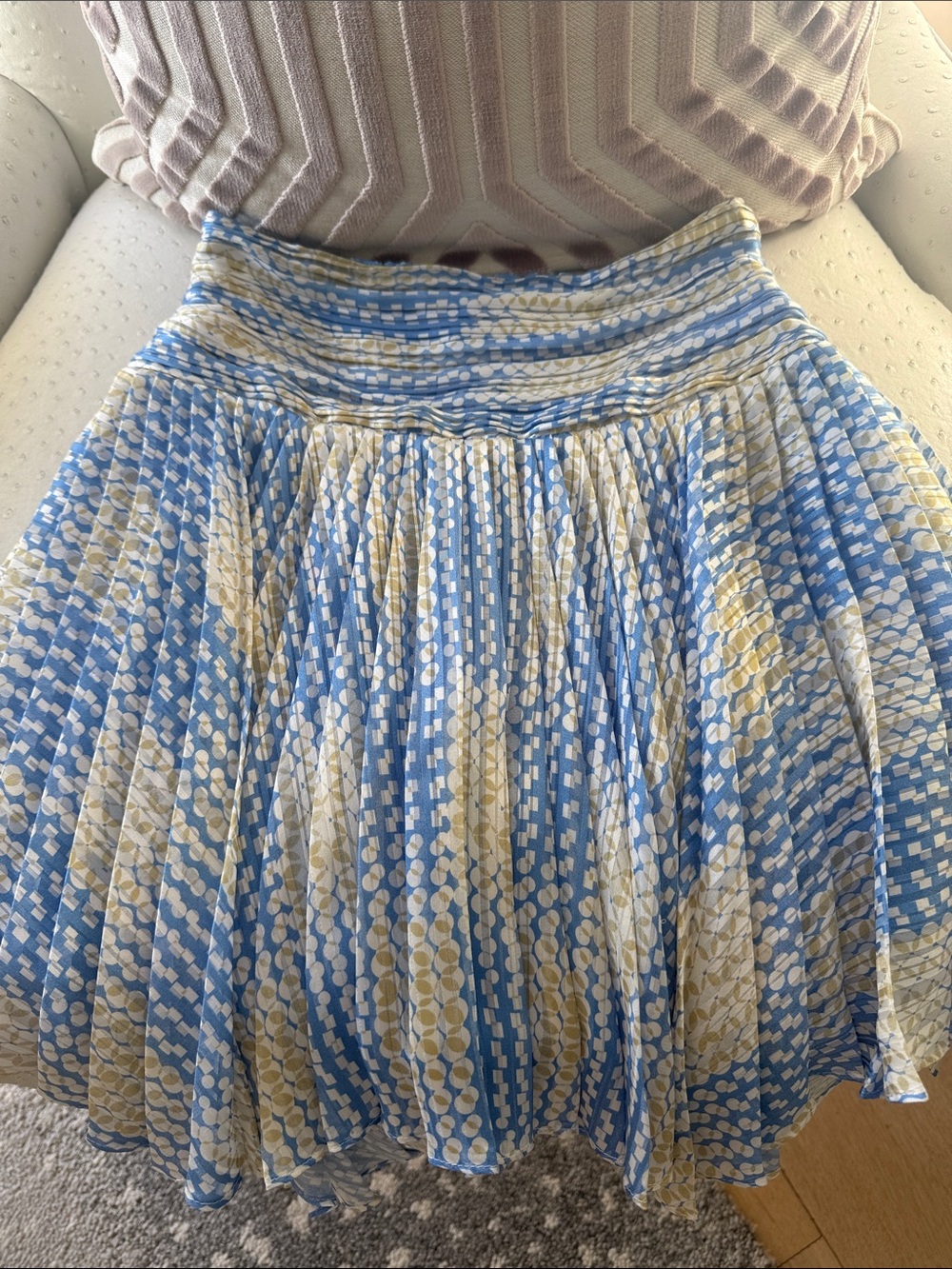 Ramy Brook Blue & Cream Pleated Circle Skirt with Subtle Yellow Accents